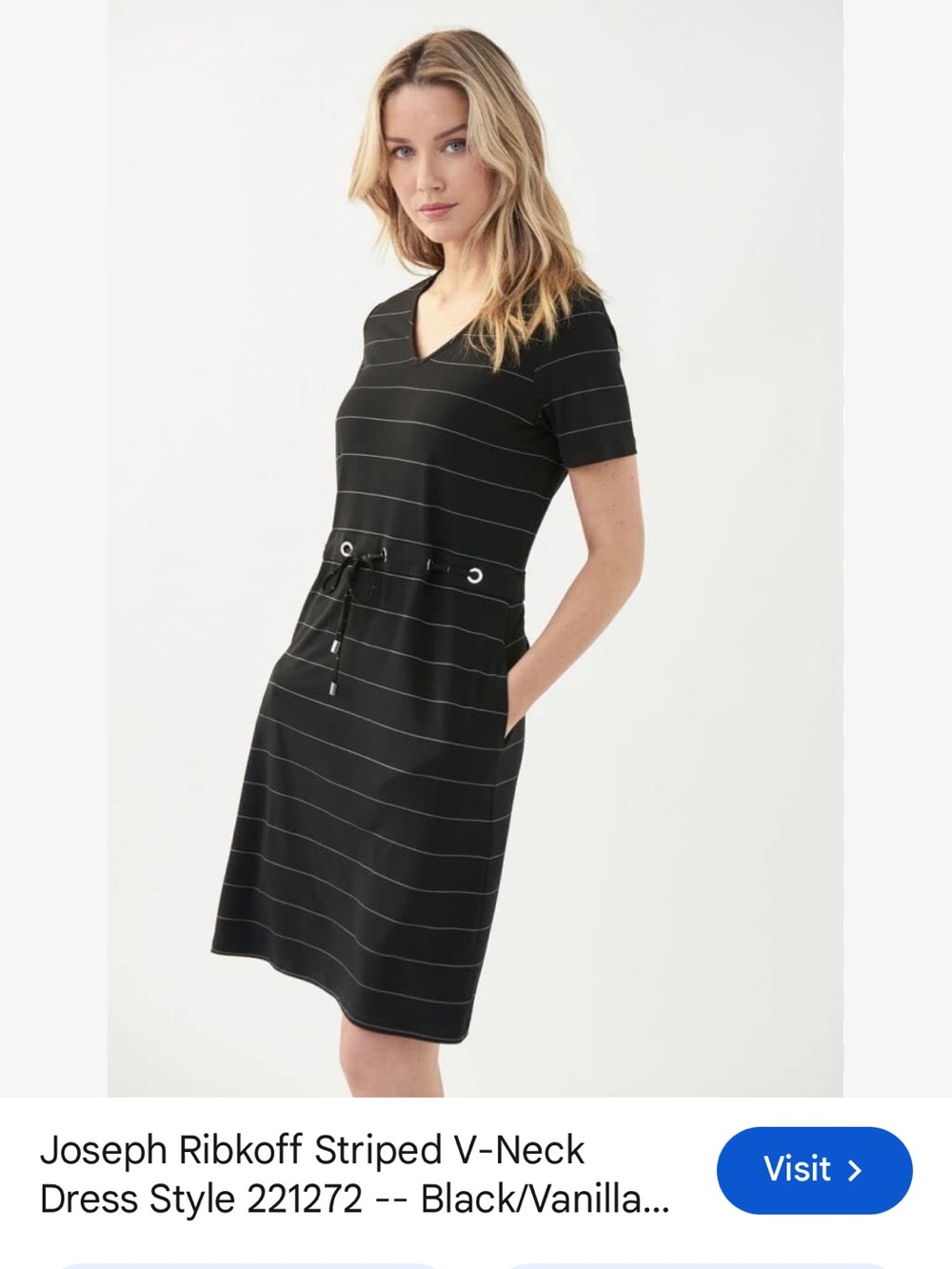 Joseph Ribkoff Black Dress with Thin White Stripes and Drawstring